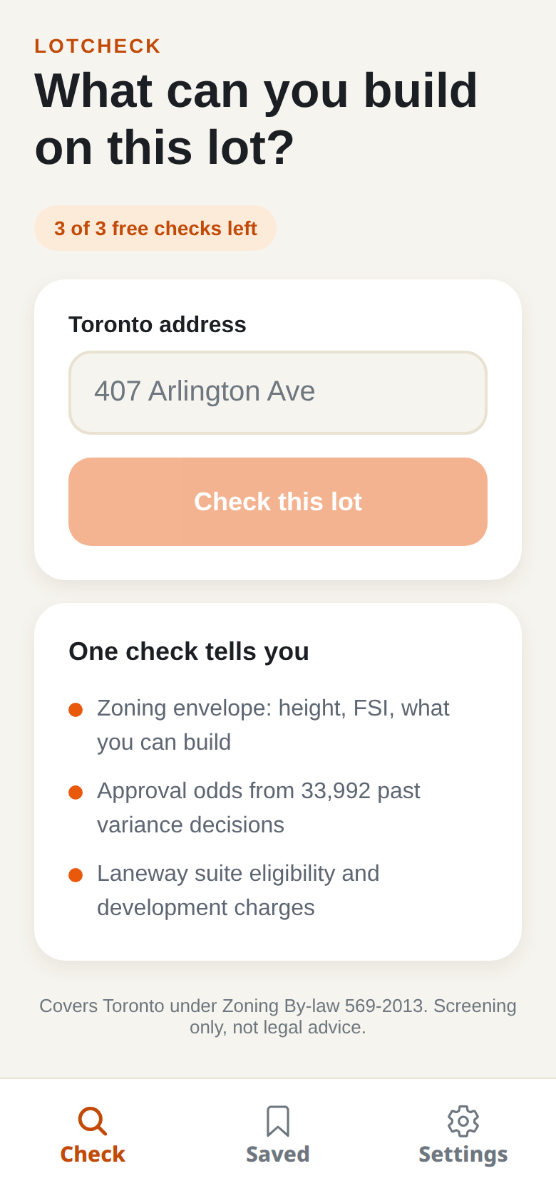 LotCheck home: search any Toronto address